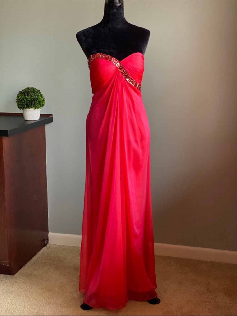 Strapless Hot Pink Evening Gown with Embellished Waist